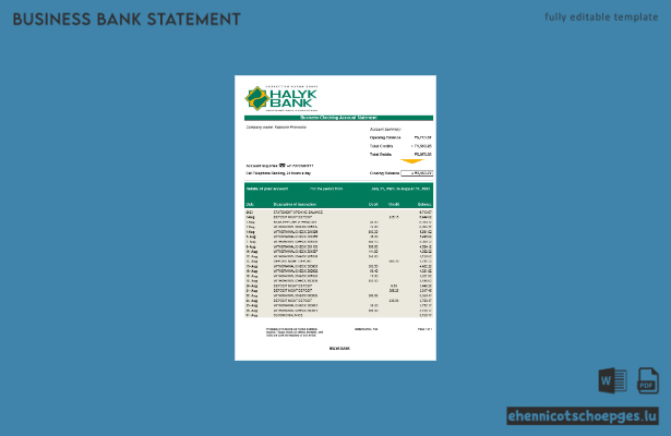 Halyk Bank Organisationskontoauszug Word- und PDF-Beispielvorschau